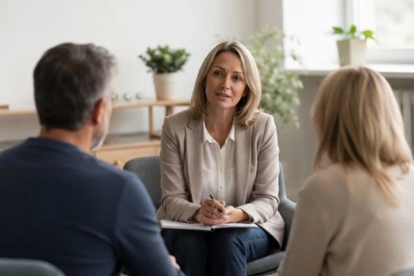 Couple discussing financial arrangement , pensions in divorce Darlington